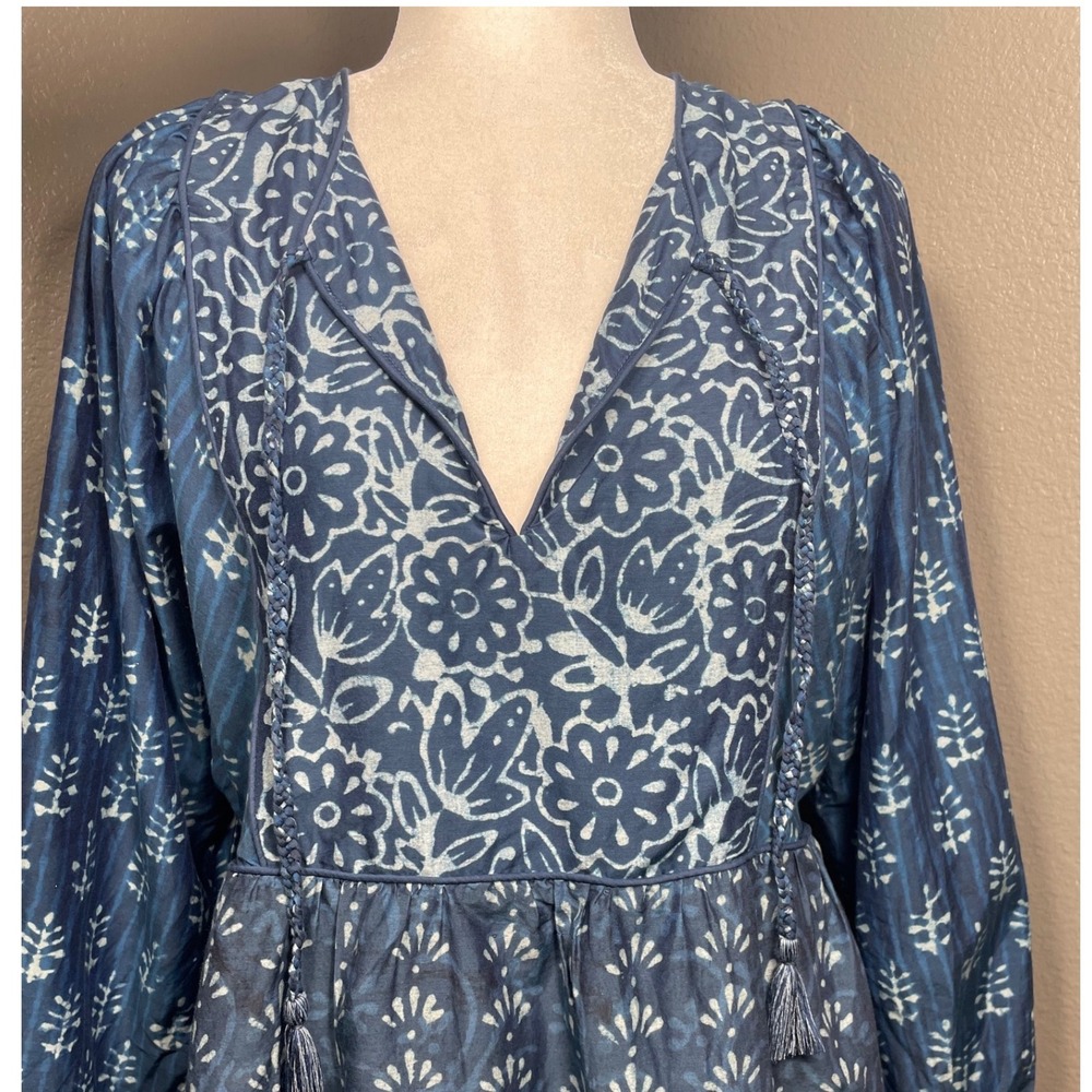 Faherty Indigo Cotton Silk Block Print Tassel Mini Dress Blue Womens Medium